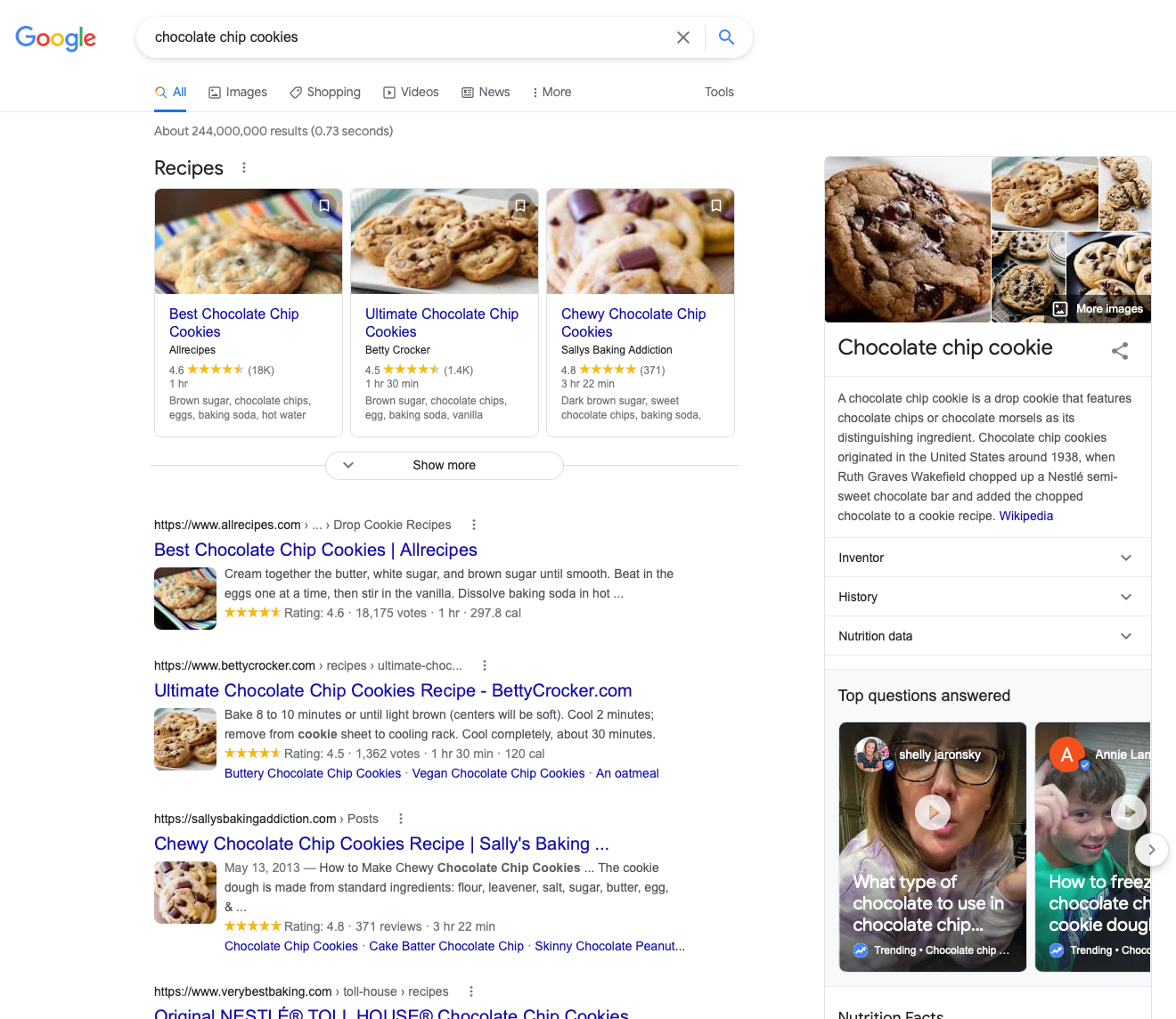 search intent results search intent chocolate chip cookie recipe